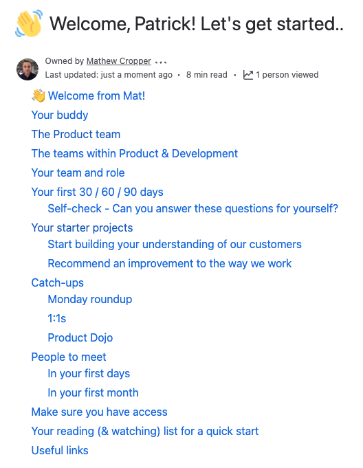 Table of contents from an onboarding document showing the structure of the onboarding plan